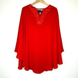 Antthony Originals Red Embroidered Floral Poncho Cape One Size Flowing Dressy